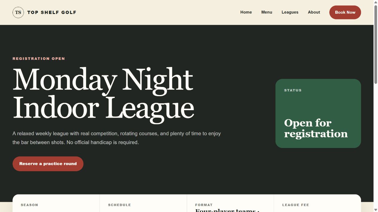 Top Shelf Golf league page showing the league introduction and registration details.