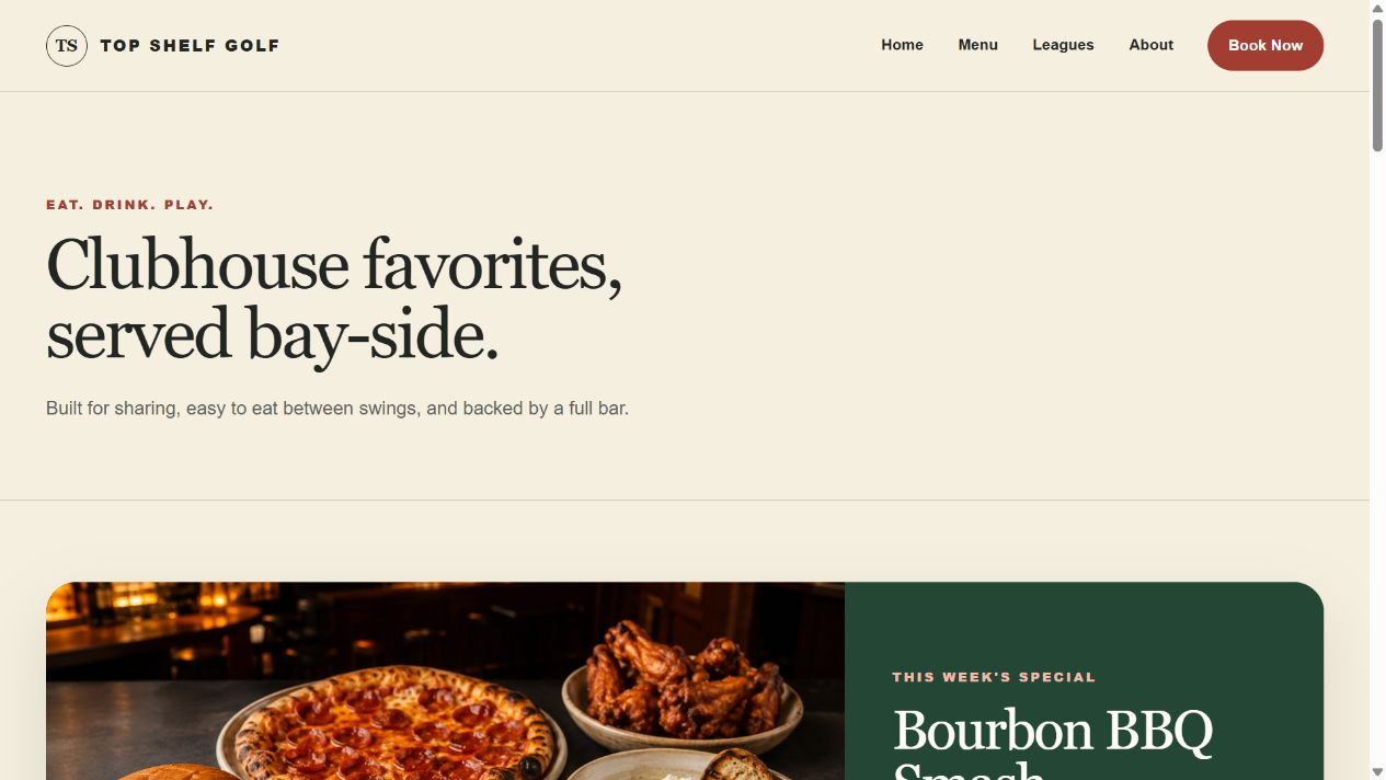 Top Shelf Golf food and drinks page with its clubhouse menu and weekly special.