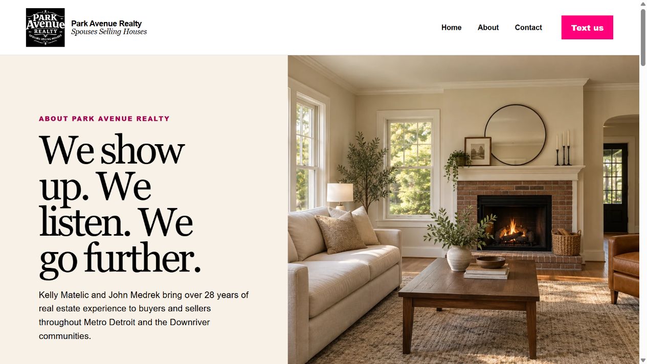 Park Avenue Realty about page with a welcoming living room and introduction to the team.