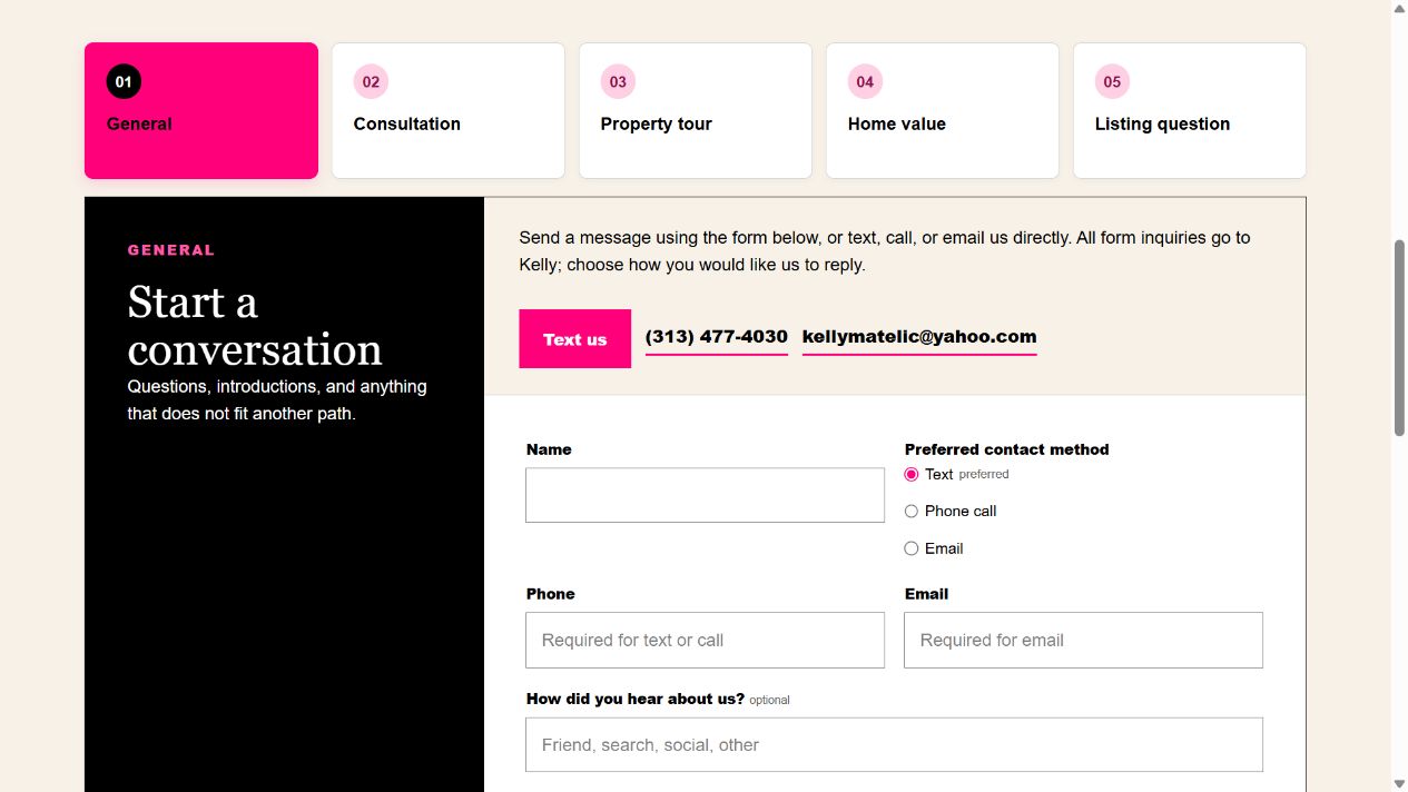 Park Avenue Realty contact experience with inquiry tabs and an empty contact form.